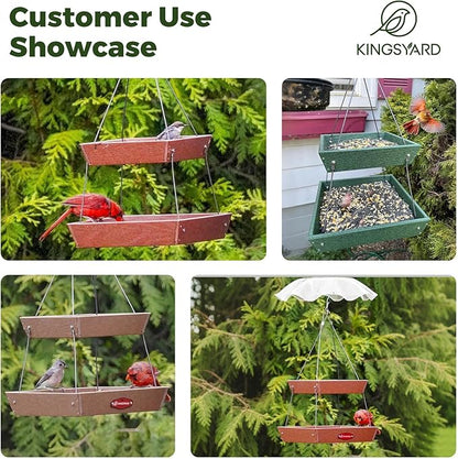 Kingsyard 2 Tier Platform Bird Feeders for Outdoors Hanging, 5 lbs Large Capacity Recycled Plastic Flat Mealworm Bird Feeder Tray, Garden Decoration Attracting Cardinal Blue Jay, Green