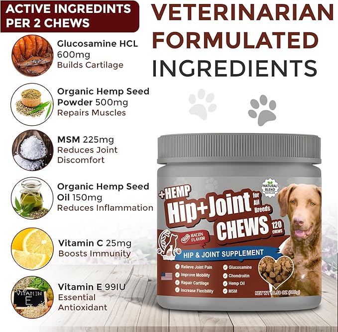 2-Pack Dog Pain Relief Hip and Joint Supplements | Glucosamine for Dogs 600mg | Organic Hemp Seed Powder/Oil 650mg | Chondroitin, MSM, Turmeric, Vitamins C & E+ | 240 Bacon Mobility Supplements