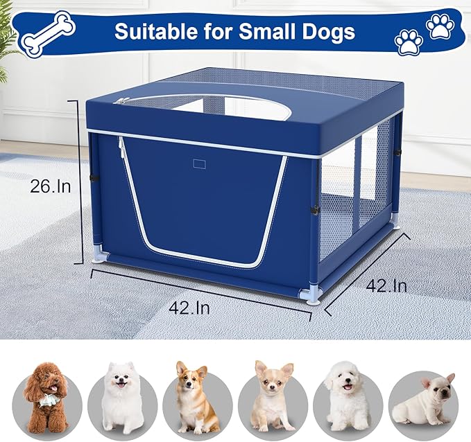42x42x26 Inches Blue Puppy Playpen with Top Cover, Dog Playpen for Small Dogs, Sturdy Safety Dog Pen with Thickened Fabric, High-Strength Mesh