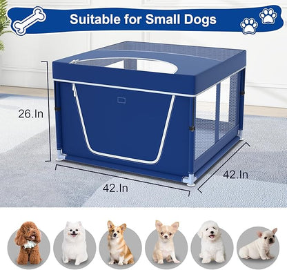 42x42x26 Inches Puppy Playpen with Top Cover, Dog Playpen for Small or Puppy, DogFence Pet Playpen for Indoor & Outdoor, Sturdy Safety Dog Pen with Durable Mesh Windows, Blue