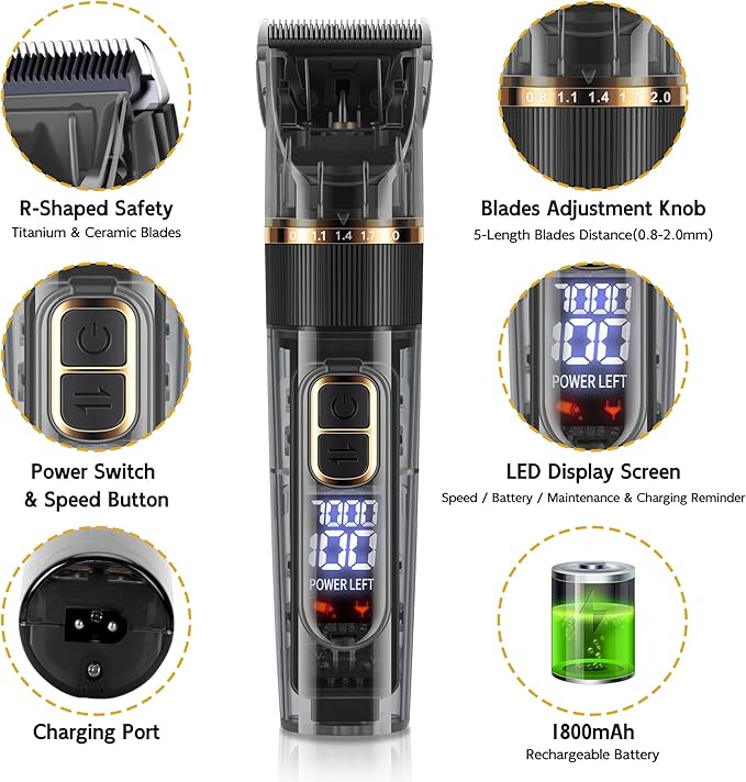 Dog Grooming Kit with LED Display, 3-Speed, Low Noise, Rechargeable, Cordless, Waterproof Clippers for Dogs Cats Small & Large Pets with Thick Coats