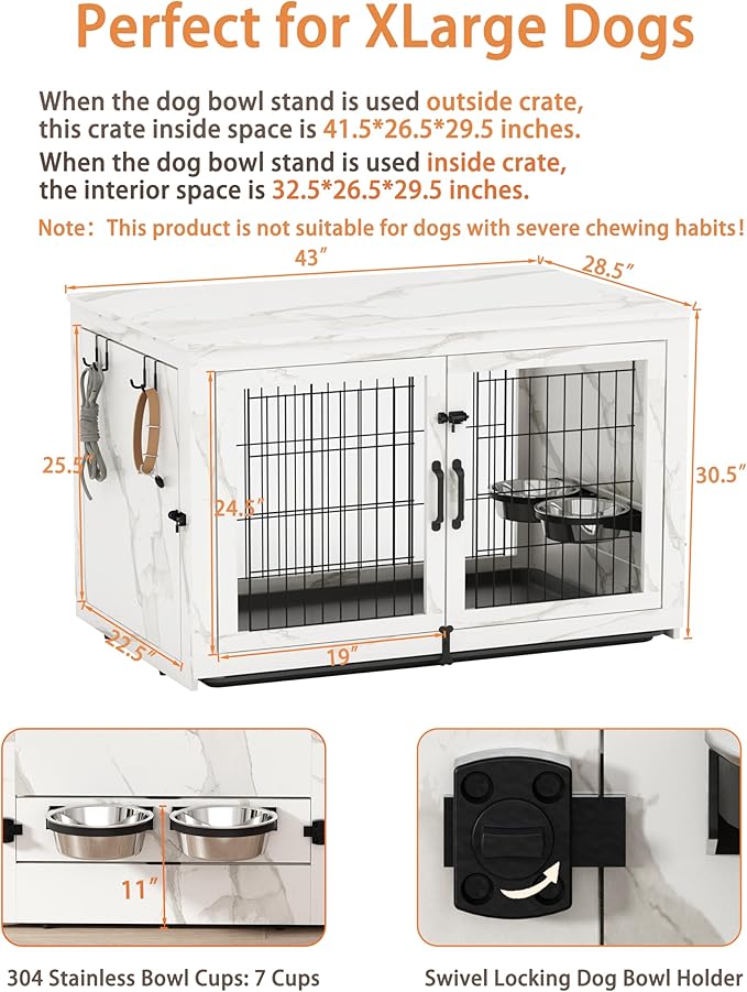 Piskyet Wooden Dog Crate Furniture with 360°Rotatable Removable Dog Bowls, Dog Crate End Table with Tray, Double Doors Dog Kennels for Dogs(XL:43.2" L*28.6" W*30.3" H, Marble White)