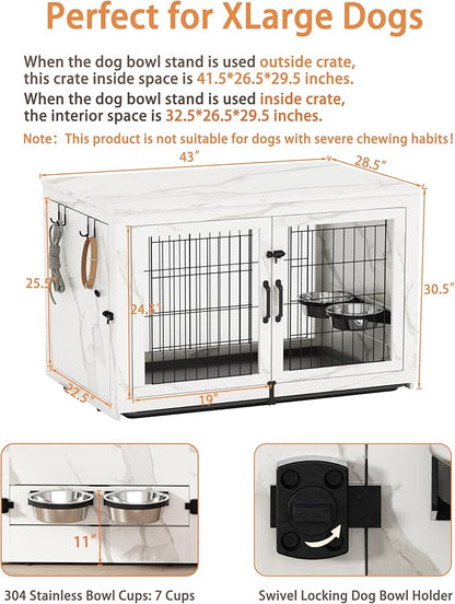 Piskyet Wooden Dog Crate Furniture with 360°Rotatable Removable Dog Bowls, Dog Crate End Table with Tray, Double Doors Dog Kennels for Dogs(XL:43.2" L*28.6" W*30.3" H, Marble White)