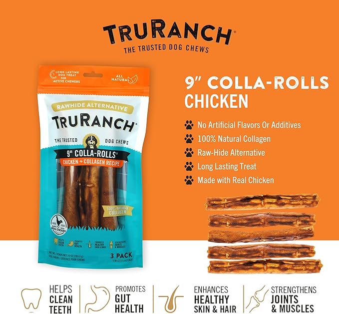 TRURANCH Collagen Rolls - 9" Collagen Rolls for Dogs - Long Lasting Healthy Joint Support - Rawhide Alternative - Skin & Coat Health - Made with Real Chicken, Value Pack, 3 Bags, 9 Count
