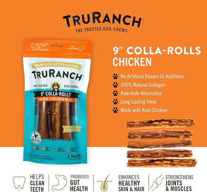 TRURANCH Collagen Rolls - 9" Collagen Rolls for Dogs - Long Lasting Healthy Joint Support - Rawhide Alternative - Skin & Coat Health - Made with Real Chicken, Value Pack, 3 Bags, 9 Count