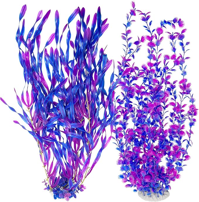 Hamiledyi Tall Aquarium Plants 23 Inches - Fish Tank Decorations, Artificial Green Water Plants Grass Cluster, Soft Plastic Fake Decor 2PCSï¼_urple Style Cï¼