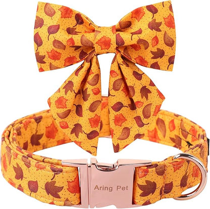 ARING PET Fall Dog Collar-Cotton Maple Leaves Dog Collar with Bowtie, Adjustable Autumn Leaves Dog Collars Pet Necklace with Metal Buckle for Girl&Boy Dogs