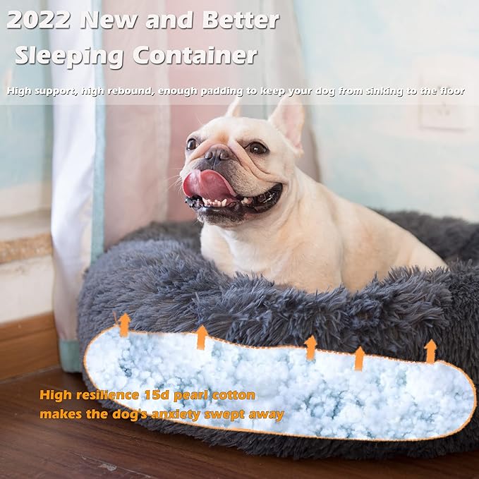 Puppy Bed for Calming Dog 23 Inches Dark Gray Anti-Anxiety Donut Dog Bed for Small Medium Dogs Washable Fuzzy Dog Bed Fits up to 15 lbs Pets Beds for Small Dog