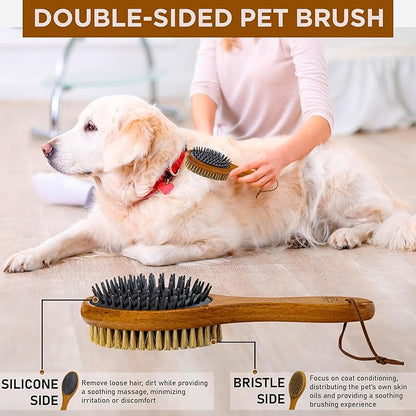 TAKAVU Short Hair Dog Cat Brush, Double-Sided Silicone & Bristle Pet Grooming Brush for Removing Dirt & Loose Hair, Coats Detangling Deshedding, Massage Pet Skin, Wood Handle Pet Comb