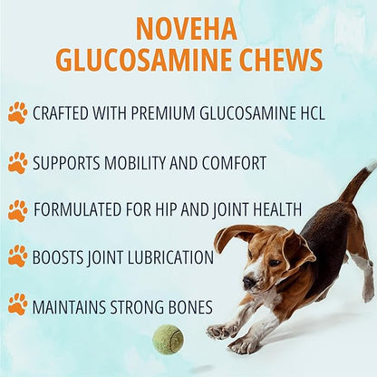 NOVEHA Dog Glucosamine Chews | Hip and Joint MSM Formula for Dogs Joint Care | Senior Pet Joint Health Supplement | Premium Glucosamine and Chondroitin for All | 2PK - 90 Soft Chews; Chicken Flavor