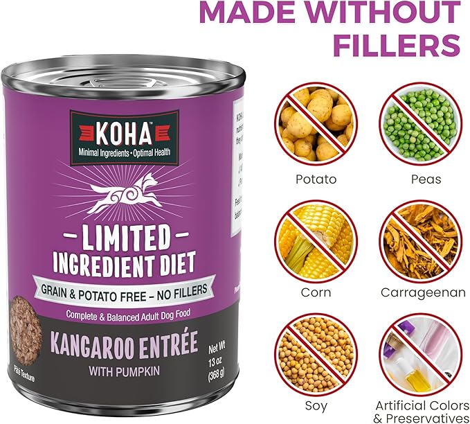 KOHA Limited Ingredient Diet Kangaroo Entrée for Dogs - Grain Free Wet Dog Food with No Fillers - Sensitive Stomach Kangaroo Dog Food, 13 oz - Trial Pack (3 Cans)