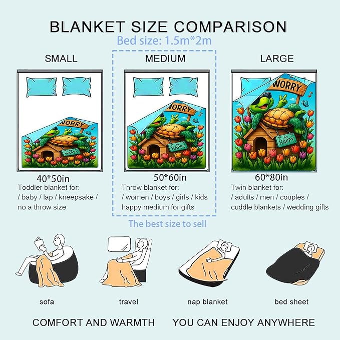 Happy Turtle Flannel Blanket Relaxed Tortoise with Tulips Sunglasses and Colorful Garden Throw Blankets Lightweight Soft for Party Bed Sofa Camping Travel, Home Farm Decor Gifts Kids, 50x60in