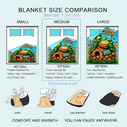Happy Turtle Flannel Blanket Relaxed Tortoise with Tulips Sunglasses and Colorful Garden Throw Blankets Lightweight Soft for Party Bed Sofa Camping Travel, Home Farm Decor Gifts Kids, 50x60in