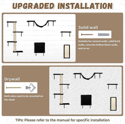Cat Wall Shelves, Wall Mounted Cat Furniture, Cat Wall Climber with Bridge, Perches, Ledges and Beds, Kitty Jungle Gym for Wall, Set of 5 (Black)