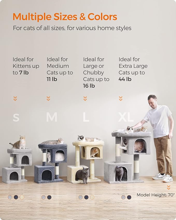 Feandrea Cat Tree, 33.1-Inch Cat Tower, L, Cat Condo for Large Cats up to 16 lb, Large Cat Perch, 2 Cat Caves, Scratching Post, Smoky Gray UPCT61G
