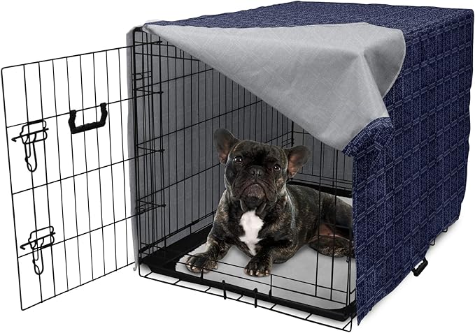 Ambesonne Abstract Geometry Dog Crate Cover, Style Motifs in Squares Rhythmic Arrangement, Easy to Use Pet Kennel Cover for Cats & Medium Dogs, 30 Inch, Blue White