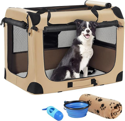 Petprsco Portable Dog Crate - 32"x23"x23" Collapsible Dog Travel Crate for Medium/Large Dogs with Soft Blanket, Foldable Bowl & Poop Bag Dispenser - Indoor & Outdoor Use
