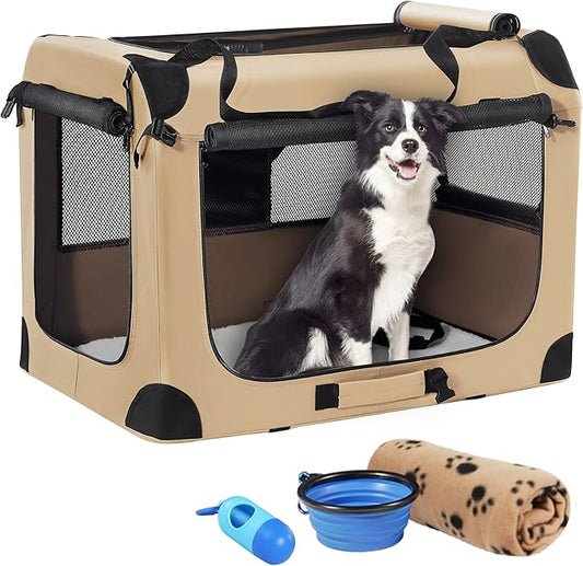 Petprsco Portable Dog Crate - 32"x23"x23" Collapsible Dog Travel Crate for Medium/Large Dogs with Soft Blanket, Foldable Bowl & Poop Bag Dispenser - Indoor & Outdoor Use