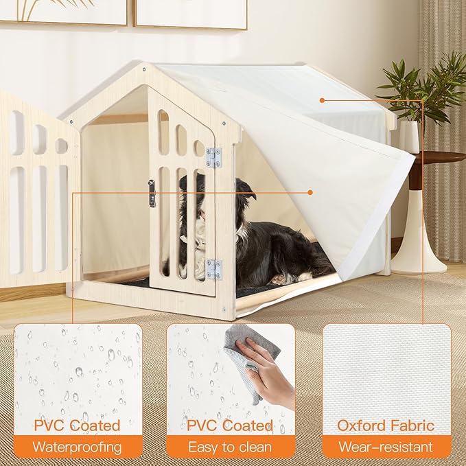 Dog House Indoor for Small Dogs & Medium Dogs 30_x21_x24_, Wooden Board & Oxford Fabric & Felt Mat, Lockable Door, Easy Assembly, Wooden Color