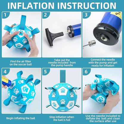 Dog Toys Soccer Ball with Straps - Durable Dog Balls for Extra Large Dogs, Dog Tug Toys for Tug of War, Beach Pool Dog Water Toy, Puppy Dog Birthday Gifts, Herding Balls for Dog, Blue White (9 Inch)