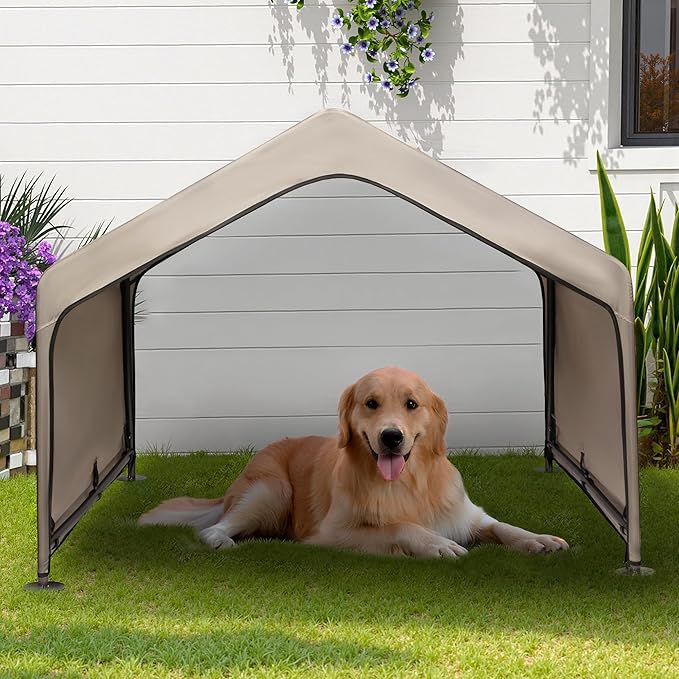 Dog Tent Outdoor, Extra Large Dog House Outside, Big Dog Shade Shelter Waterproof Weatherproof Doghouse Canopy with Ground Nails, Sun Rain Cover for Pet Cat Goat Livestock, 4'x 4'x 3.3', Tan