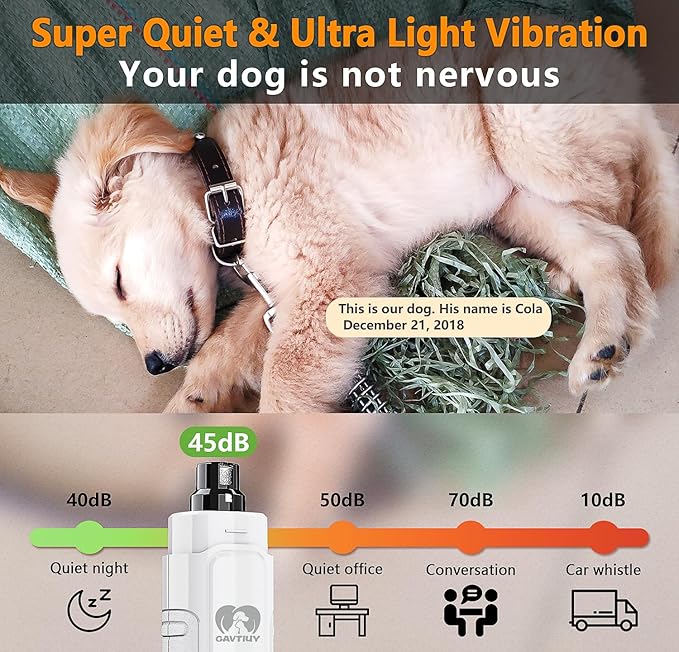 Dog Nail Grinder Quiet - (45db) 3 LED Lights Pet Nail Grinder with 12000RPM 2-Speed High Power for Large Small Dogs/Cats,Rechargeable Electric Silent Pet Toenail Grinder with Dust Cap (White)