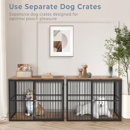 86.62''Dog Crate Furniture Large Breed TV Stand with Double Rooms,Wooden Dog Kennel Dog Crate End Table with Removable Divider for Large Medium Dogs, Can Use Separately, Brown