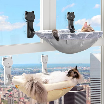 Cat Window Perch Cordless, Glow in The Dark & Stable Cat Beds- Breathable Window Hammock for Overlooking, Sunbathing and Climbing - Maximum Hold Up to 40lb(Grey+Cream)