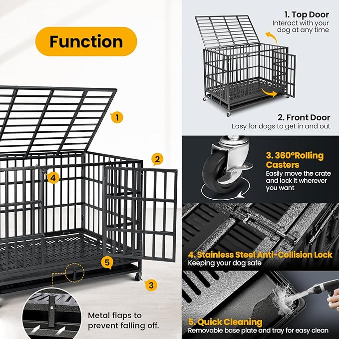 48 inch Heavy Duty Indestructible Dog Crate,2025 New Upgraded Reinforced Baseplate for Large Dogs,XL Dog Crate for High Anxiety Dogs/Max Load Capacity 220lbs/Double Door with Wheels