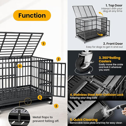 48 inch Heavy Duty Indestructible Dog Crate,2025 New Upgraded Reinforced Baseplate for Large Dogs,XL Dog Crate for High Anxiety Dogs/Max Load Capacity 220lbs/Double Door with Wheels
