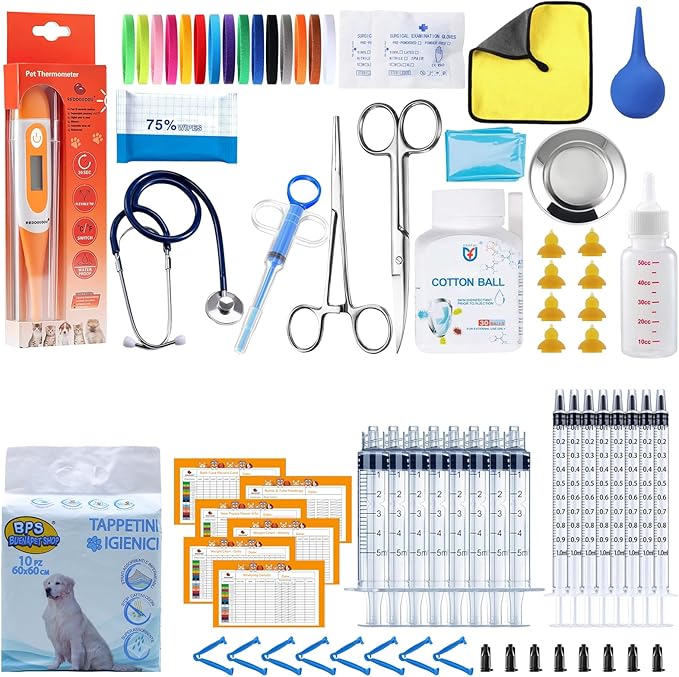 65 Pcs Deluxe Whelping Kit, Delivery of Kitten and Puppy Whelping Kit with Feeding Nipple Stethoscope Aspirator Puppy ID Bands etc Complete Full Kit