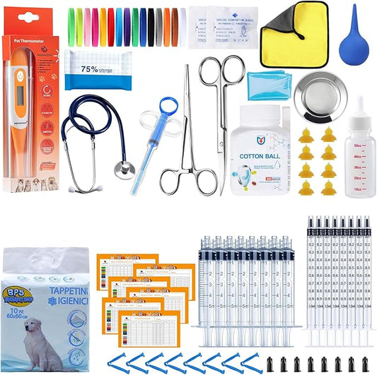 65 Pcs Deluxe Whelping Kit, Delivery of Kitten and Puppy Whelping Kit with Feeding Nipple Stethoscope Aspirator Puppy ID Bands etc Complete Full Kit