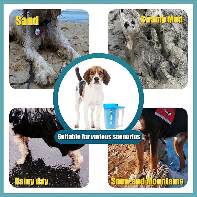 Dog Paw Washer with Handle, Absorbent Towels & Adjustable Bath Brush for Short and Long Hair, Muddy Foot Cleaner (Blue, Medium)