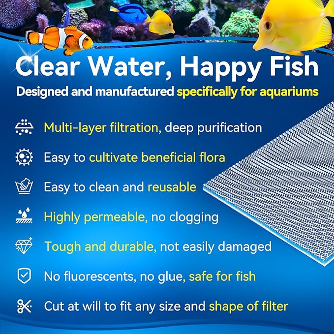 Aquarium Filter Media Sponge Pad, Multi-Layer Foam Filter Floss for Fish Tank Filters Accessories (47.24"x11.81"x0.6")