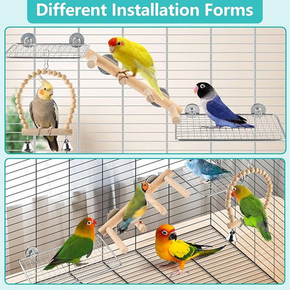 4Pcs Bird Perches Toys, Stainless Steel Perch Platform (2 Sizes), Natural Wood Parrot Climbing Ladder & Swing with Bell, Play Gym Cage Accessories for Budgie Cockatiel Lovebird Canary Conure