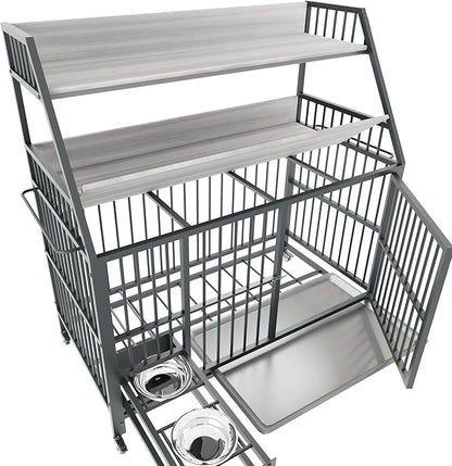 KEIKI 47 Inch Dog Crate Furniture for Large Medium Dogs, with Storage Shelves and Bowls, Indoor Dog Cage with 360° Caster Wheels & Flip-top Plate, Grey