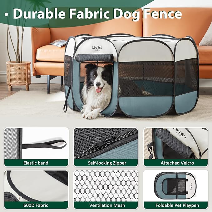 Love's cabin Pet Puppy Dog Playpen, Large Dog Tent Crates Cage Indoor/Outdoor, Portable Playpen for Cat, Foldable Pop Up Dog Kennel Playpen with Carring Case, Removable Zipper Top, Moss Green