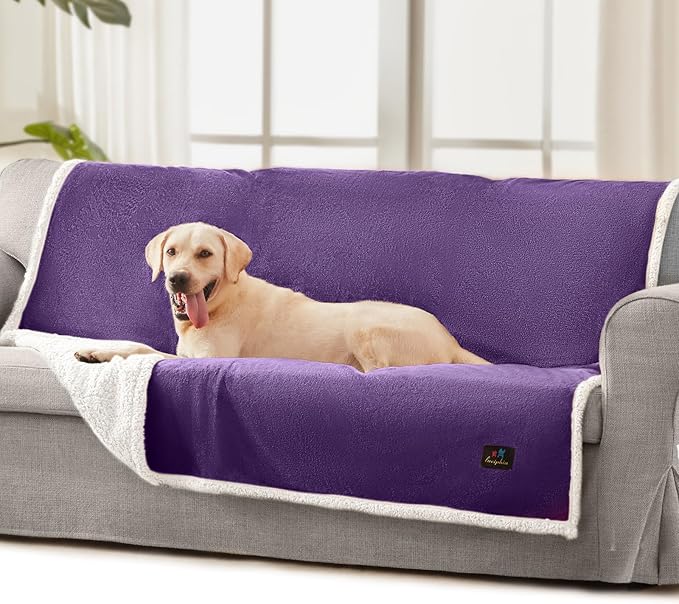 Luciphia Waterproof Bed Blanket Washable,Soft Sherpa Fleece Puppy Reversible Throw Blankets for Medium Large Dog Cat,Furniture Cover Protector Couch from Liquid Pee and Pet Fur,Purple White,65" x 57"