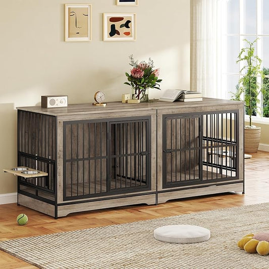 Rovibek 78 Double Dog Crate Furniture for 2 Large Dogs Indoor, Wooden Furniture Dog Crates with Dog Bowl, Dog Kennel Furniture TV Stand Large Breed Grey