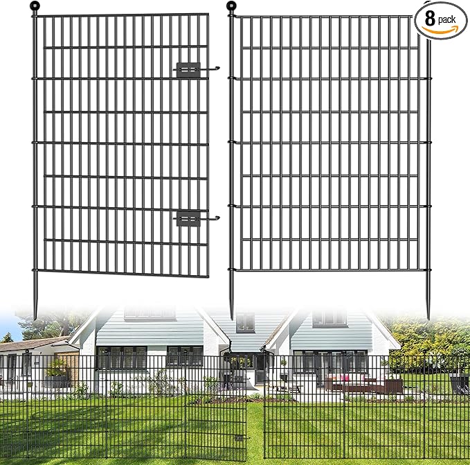 8 Panels No Dig Decorative Outdoor Garden Fence with Gate for Yard, 48 in(H) X 21 ft(L) Animal Barrier Fencing Rustproof Metal Wire Panel Border for Dog, Rabbits, and Patio Temporary Ground Stakes