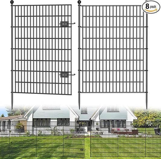8 Panels No Dig Decorative Outdoor Garden Fence with Gate for Yard, 48 in(H) X 21 ft(L) Animal Barrier Fencing Rustproof Metal Wire Panel Border for Dog, Rabbits, and Patio Temporary Ground Stakes