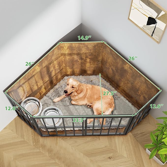 Large Dog Crate Furniture, 53” Heavy Duty Corner Dog Crate with 2 Stainless Steel Bowls, Dog Kennel Furniture Style House, Wooden Decorative Pet House End Side Table, Chew-Resistant, Rustic