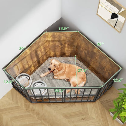 Large Dog Crate Furniture, 53” Heavy Duty Corner Dog Crate with 2 Stainless Steel Bowls, Dog Kennel Furniture Style House, Wooden Decorative Pet House End Side Table, Chew-Resistant, Rustic