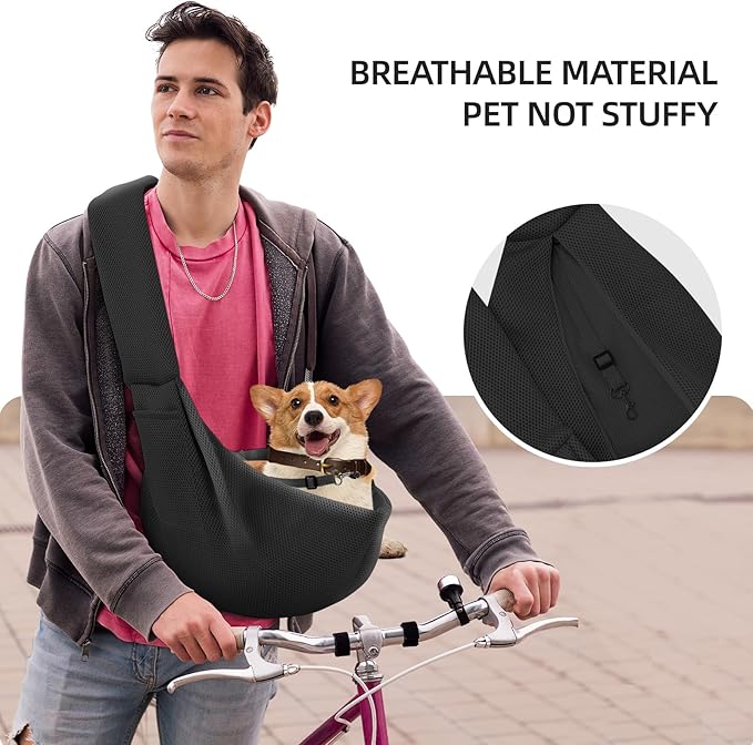 Dog Carrier Sling - Ultra Breathable Reversible Puppy Carrier Purse with Storage Pocket, Travel Safety Harness, Hand-Free Dog Sling Carrier for Carry Small Dogs and Cats, Dog and Cat Harness(Black)