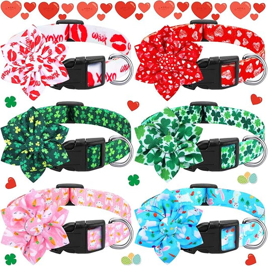 6 Pcs Valentine's Day Dog Collar with Flower Adjustable Valentine's Day Loving Heart Printed Collar for Dogs Holiday Safety Buckle Nylon Dog Collar for Female Male Small Medium Large Pet Dogs(Medium)