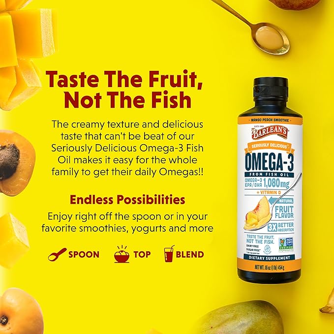 Barlean's Mango Peach Omega 3 Fish Oil Liquid Supplement with Vitamin D, 1080mg EPA & DHA Fatty Acid, Smoothie Flavored & Burpless for Brain, Joint, & Heart Health, 16 oz