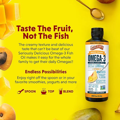 Barlean's Mango Peach Omega 3 Fish Oil Liquid Supplement with Vitamin D, 1080mg EPA & DHA Fatty Acid, Smoothie Flavored & Burpless for Brain, Joint, & Heart Health, 16 oz