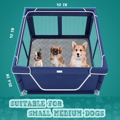 42x42 Inches Puppy Playpen with Dog Pads, Playpen for Puppies or Small Dogs, Indoor & Outdoor Use, Sturdy Safety Pen with Thickened Fabric, High-Strength Nylon Wire Mesh