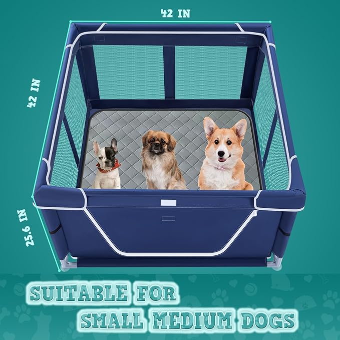 42x42 Inches Puppy Playpen with Dog Pads, Playpen for Puppies or Small Dogs, Indoor & Outdoor Use, Sturdy Safety Pen with Thickened Fabric, High-Strength Nylon Wire Mesh