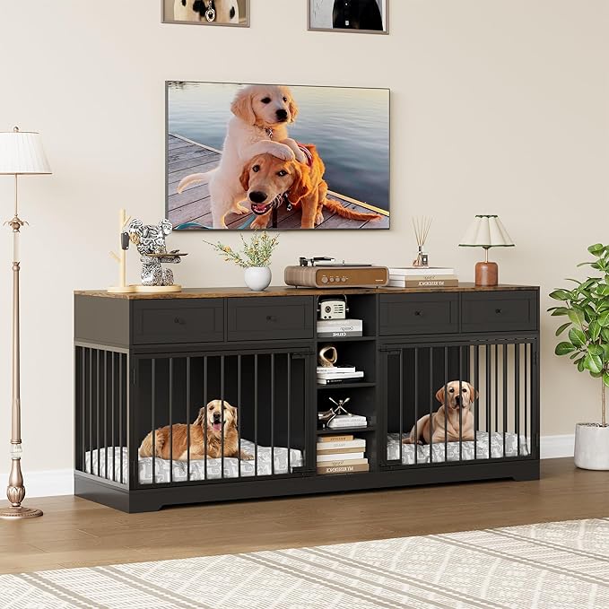 IDEALHOUSE 82” Large Dog Crate for 2 Dogs, Dog Kennel Indoor with 4 Drawers and Shelves, Double Dog Crate Furniture TV Stand, Wooden Dog Cage for Medium Large Dogs, Black